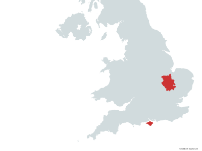 Map showing relative locations of Cambridgeshire and the Isle of Wight for school trips